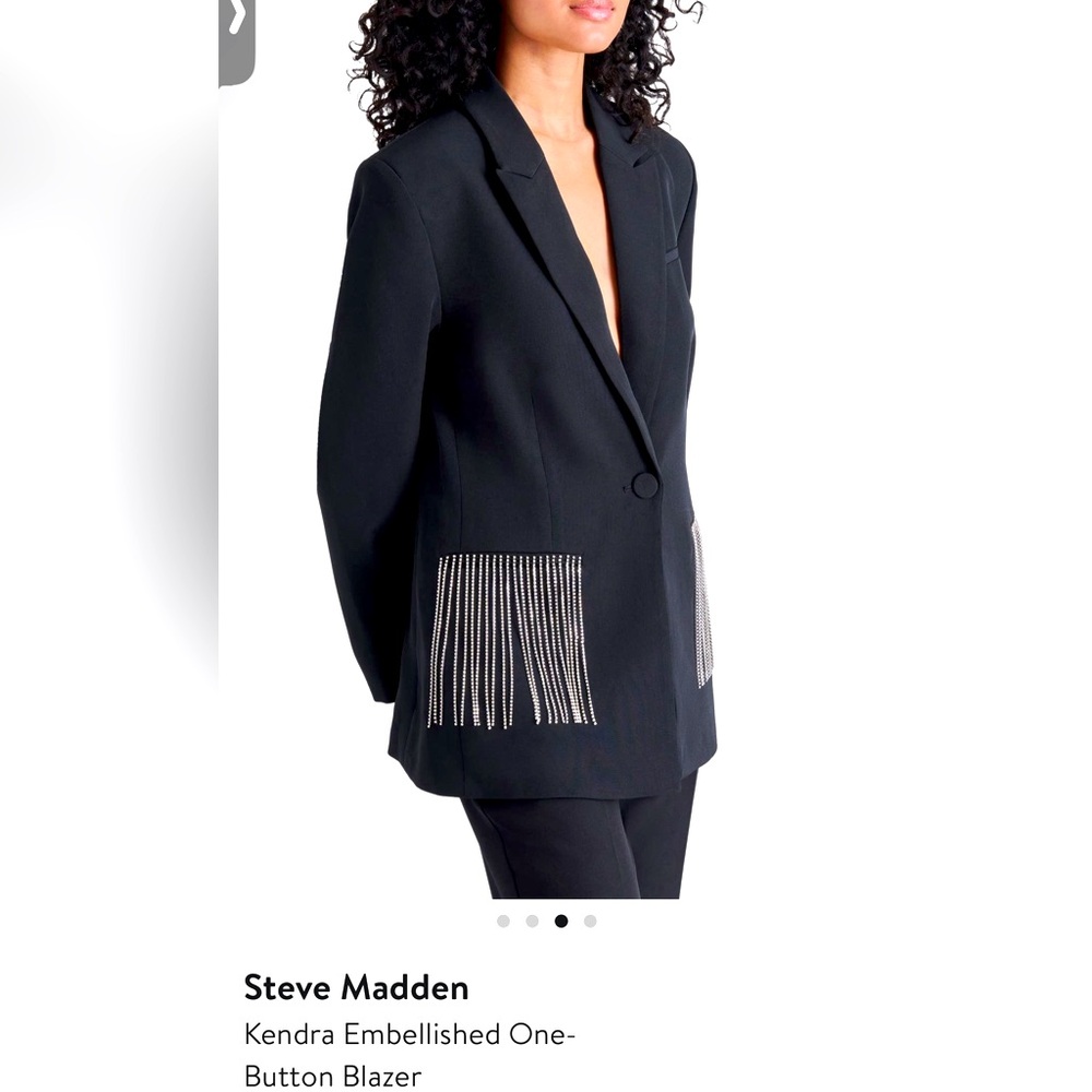Steve Madden Kendra Embellished One Button Black Blazer with Rhinestone Fringe